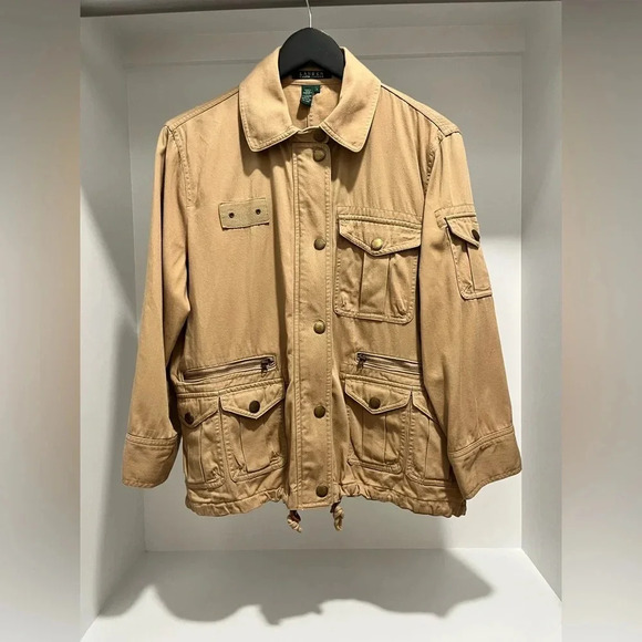 Lauren Ralph Lauren Tan Safari 3/4 Sleeve jacket utility collared cargo Large - Picture 1 of 13